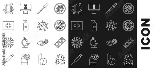 Set line Rabies virus, Pills in blister pack, Stop, Pipette, Bottle of liquid antibacterial soap, First aid kit, Bar and Virus icon. Vector