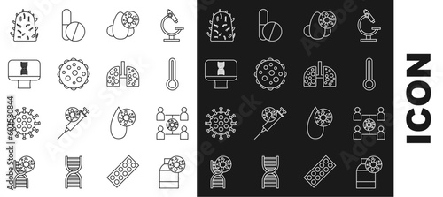 Set line Bottle with virus, Virus spread, Medical thermometer, Runny nose and, DNA spiral computer, Rabies and cells in lung icon. Vector