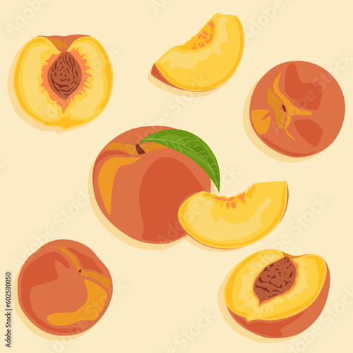 Peaches set. Vector icons of whole peach and sliced peach. Summer fruits.