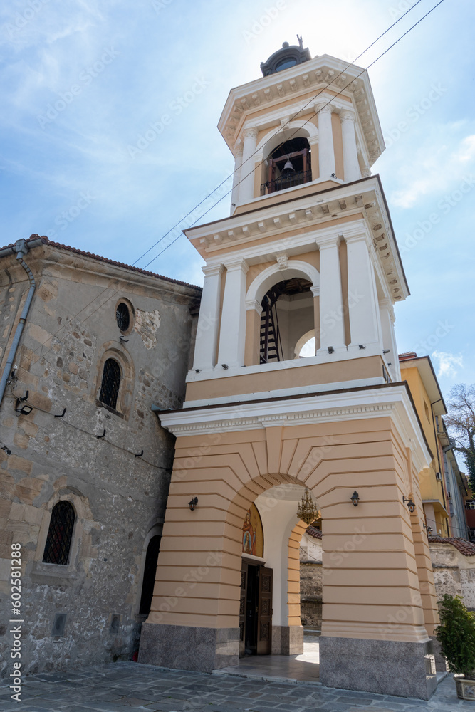 Bell tower of a Bulgarian Orthodox church in the city of Plovdiv on a sunny day.