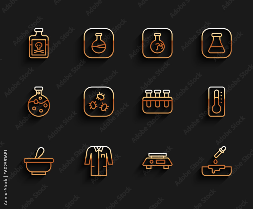 Set line Mortar and pestle, Laboratory uniform, Poison in bottle, Electronic scales, Petri dish with pipette, Bacteria, Medical thermometer and Test tube flask icon. Vector Set line Mortar and pestle, Laboratory uniform, Poison in bottle, Electronic scales, Petri dish with pipette, Bacteria, Medical thermometer and Test tube flask icon. Vector