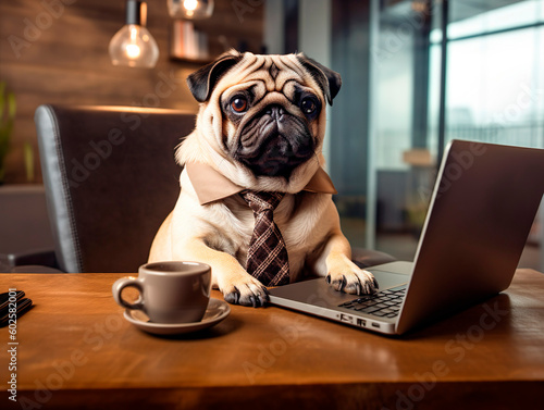 Adorable pug dog boss businessman wearing a tie working hard in the office using laptop. Generative Ai technology. © Irina