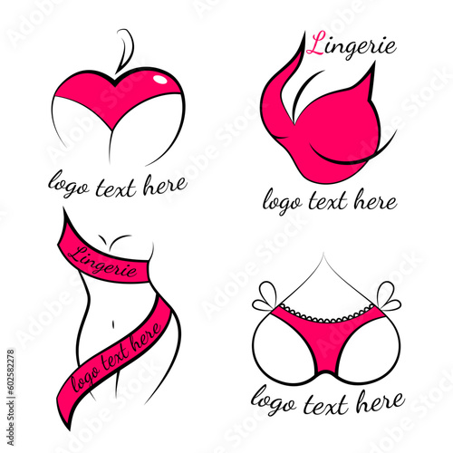 Lingerie shop logo set vector isolated. Collection of sexy red logotypes for female underwear. Concept of beautiful clothing, female fashion. Pink lingerie.