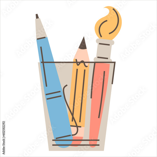 Stationery in plastic glass vector isolated. Pen, pencil and brush in holder. School and office supply. Writing and drawing equipment.