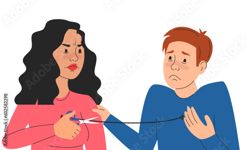 Codependency vector isolated. Two characters connected to each other with thread out of the chest. Woman trying to cut the thread, horrified man tries to stop her. Unhealthy relationship.