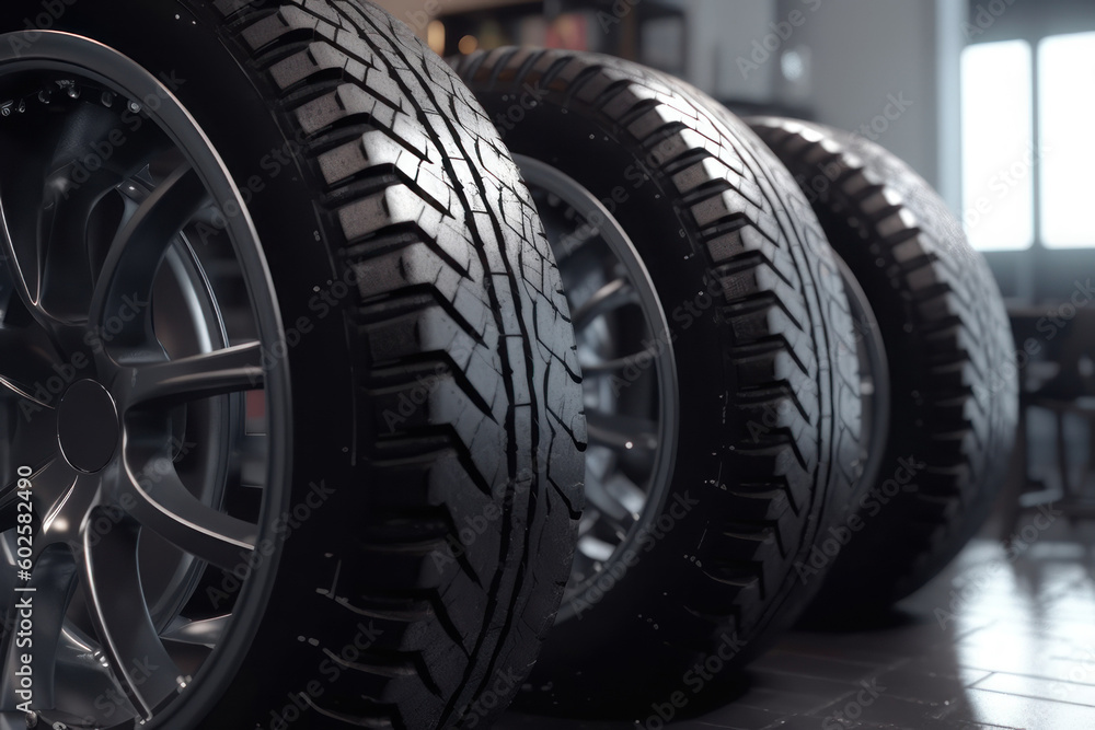 New tires in a car dealership. AI generative. New tires in a car dealership. AI generative.