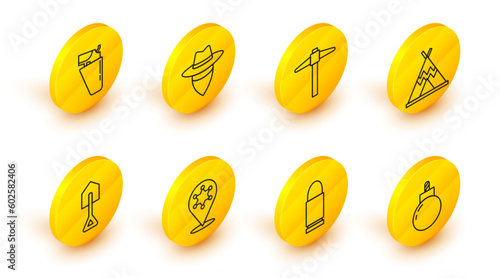 Set line Bomb ready to explode, Bullet, Hexagram sheriff, Shovel, Indian teepee or wigwam, Pickaxe, Cowboy and Revolver gun in holster icon. Vector