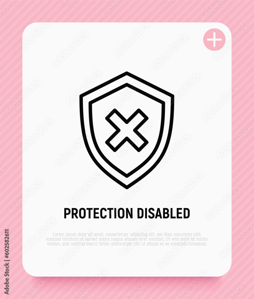 Security disabled thin line icon. Shield with cross mark. Vector illustration. Security disabled thin line icon. Shield with cross mark. Vector illustration.