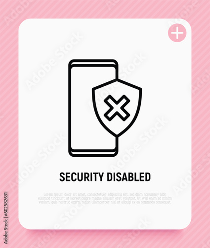 Security disabled thin line icon. Smartphone with shield with cross mark. Vector illustration.