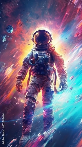 Astronaut standing on abstract background bright color Generative AI © Dzmitry