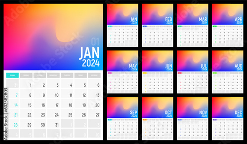 Modern calendar for 2024 year with abstract gradient. Vector illustration for monthly planning.