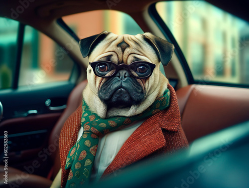 A pug dog boss wearing sunglasses suit coat and tie riding in a car in the back seat to a business meeting. Generative Ai technology. © Irina