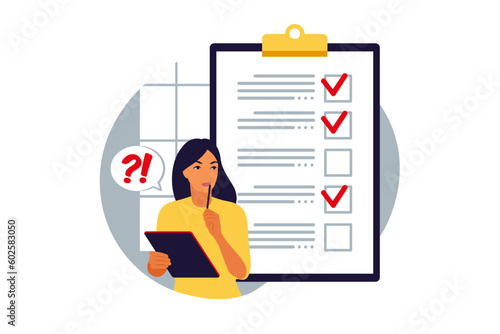 Customers filling up survey form. Vector illustration. Flat