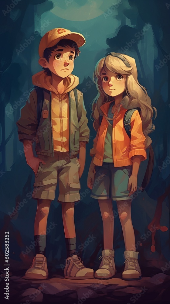 Teenage boy and girl hiking drawing Generative AI