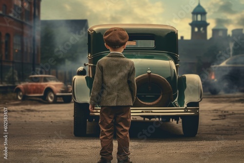 Boy near old american car. Generate Ai