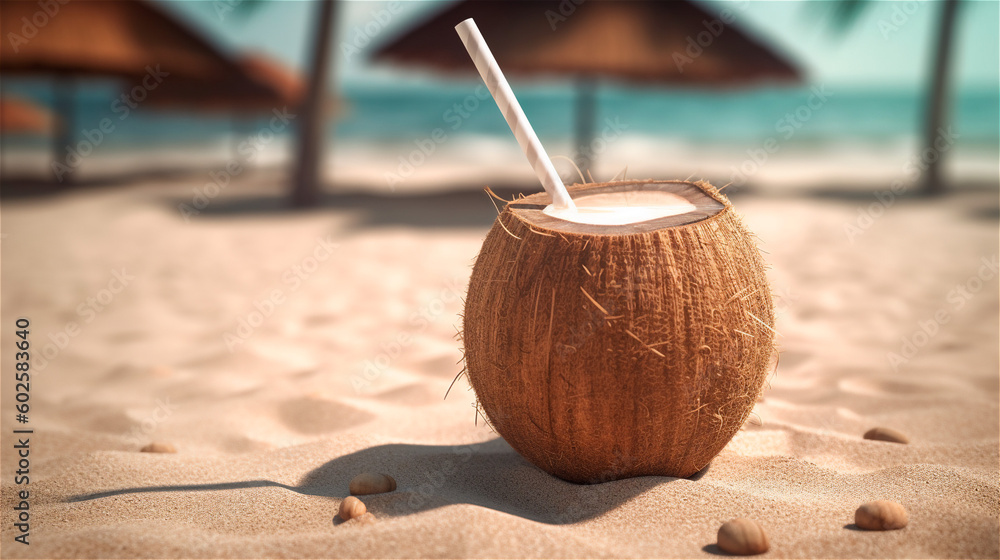 an open coconut with a straw stands in the sand on a sunny beach, gerenative AI