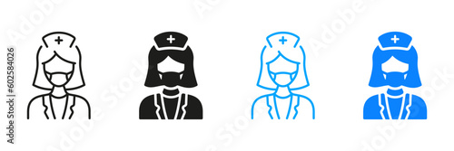 Physician, Orthodontist, Endodontist Pictogram Collection. Dental Doctor Woman in Face Mask Silhouette and Line Icon Set. Female Dentist, Surgeon Black and Color Sign. Isolated Vector Illustration