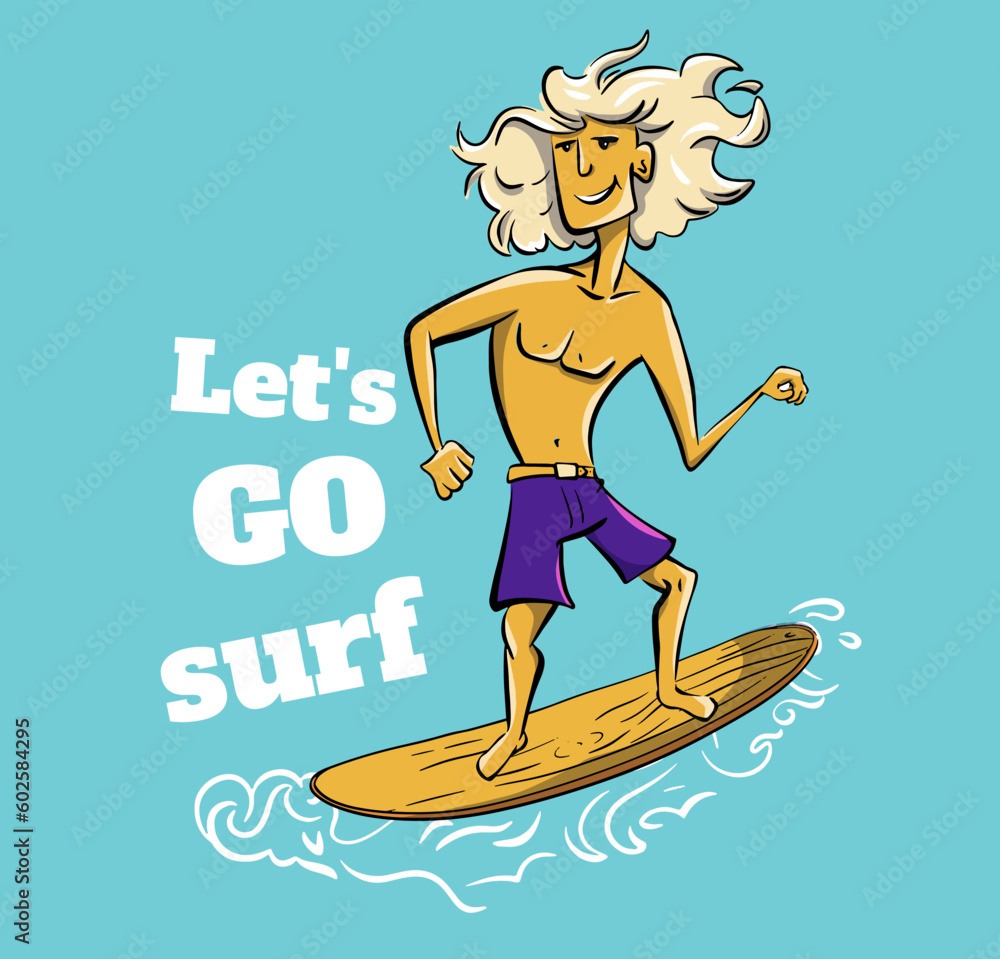 Boy surf on big wave cool summer t-shirt print. Boyfriend ride surfboard.