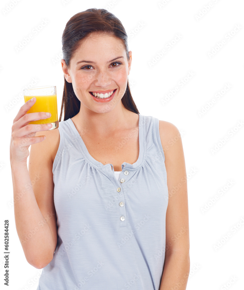 Orange juice, studio portrait and woman with drink glass for body hydration, liquid detox or natural weight loss. Wellness smile, nutritionist beverage and female person isolated on white background Orange juice, studio portrait and woman with drink glass for body hydration, liquid detox or natural weight loss. Wellness smile, nutritionist beverage and female person isolated on white background