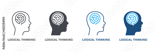 Maze in Human Head Logical Thinking Silhouette and Line Icon Set. Psychology, Creative Intellectual Process Symbol Collection. Mental Circle Labyrinth Pictogram. Isolated Vector Illustration