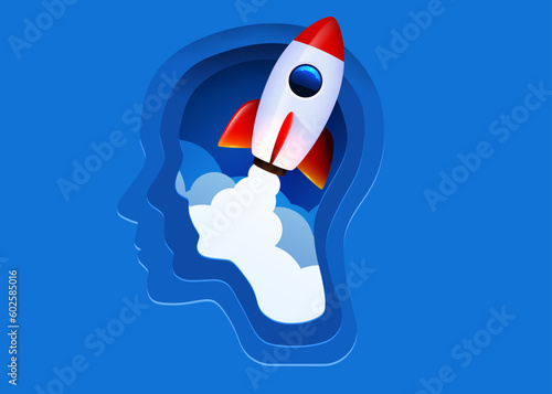 Silhouette of a human head with rocket launch. Concept of brainstorm, idea, mind boost.