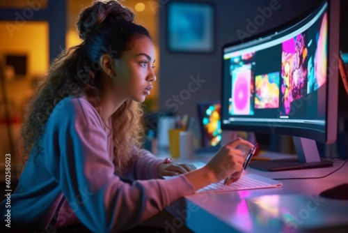 Generative Ai. a woman sitting at a desk looking at a computer screen