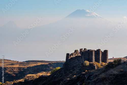 Amberd fortress on the background of Mount Ararat on sunny evening. Aragatsotn Province, Armenia.