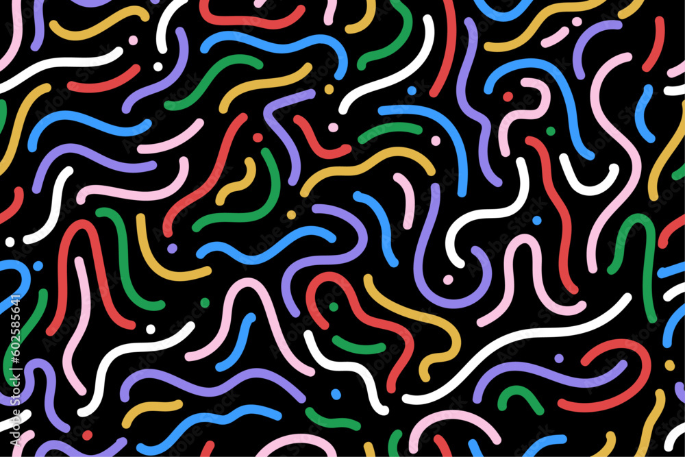 Abstract retro 80's - 90's memphis seamless pattern with colorful curved lines on black background. Vector illustration.