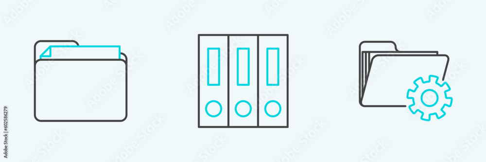 Set line Folder settings with gears, Document folder and Office folders papers and documents icon. Vector Set line Folder settings with gears, Document folder and Office folders papers and documents icon. Vector