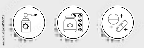 Set line Medicine pill or tablet, Medical bottle with nozzle spray and and pills icon. Vector