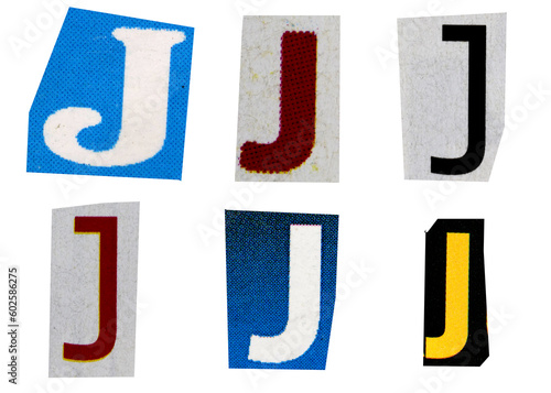 Letter j magazine cut out font, ransom letter, isolated collage elements for text alphabet, ransom note