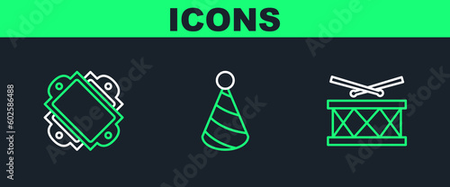 Set line Drum with drum sticks, Ticket and Party hat icon. Vector