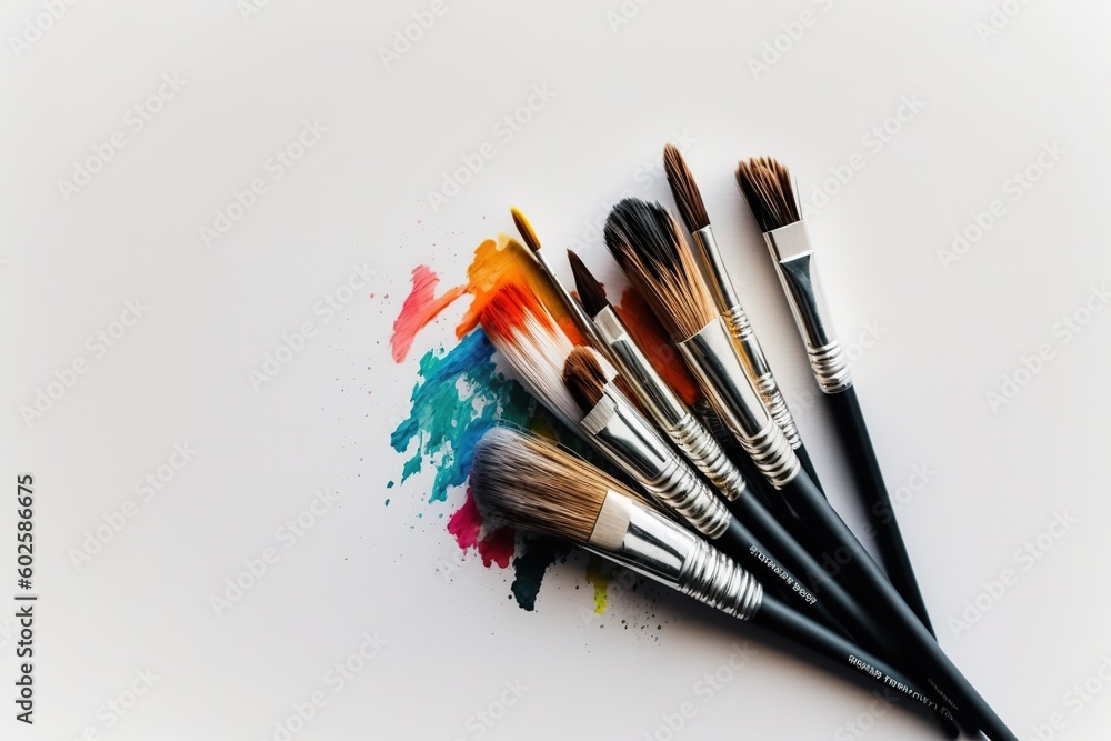 Composition of painting brushes on white background with copy space Composition of painting brushes on white background with copy space