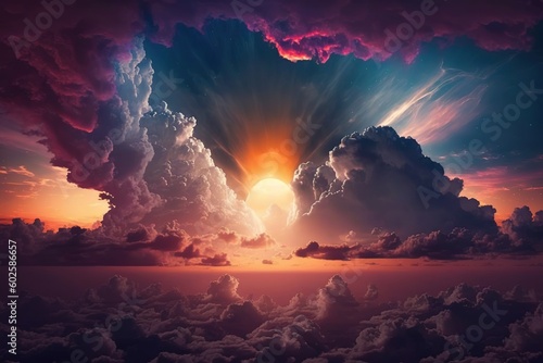 Colorful sky with the sun hidden by high clouds. background in religion