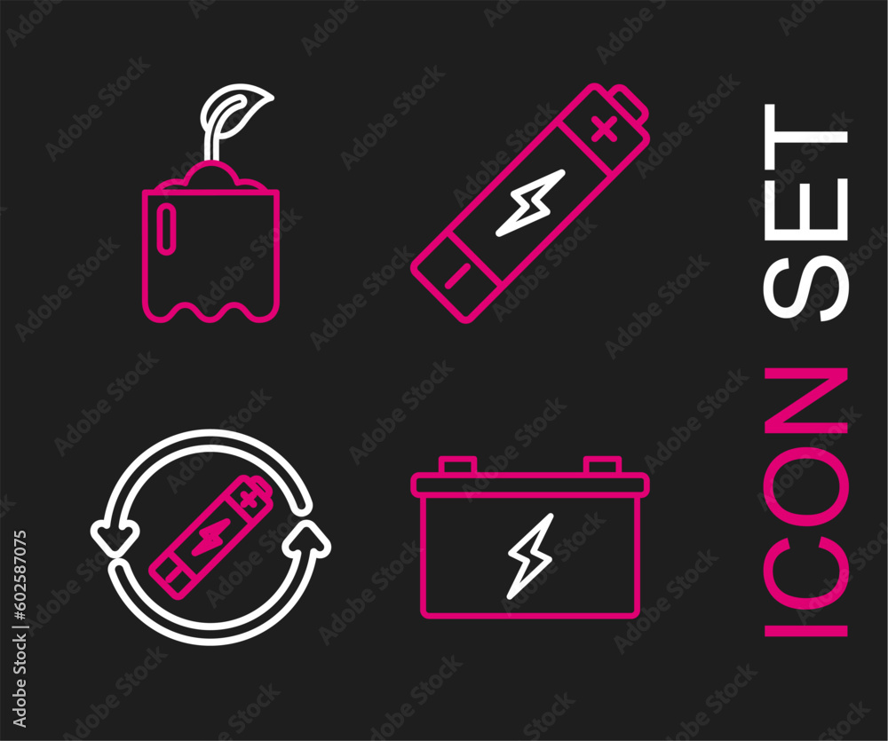 Set line Car battery, Battery with recycle symbol line, and Sprout bottle icon. Vector Set line Car battery, Battery with recycle symbol line, and Sprout bottle icon. Vector