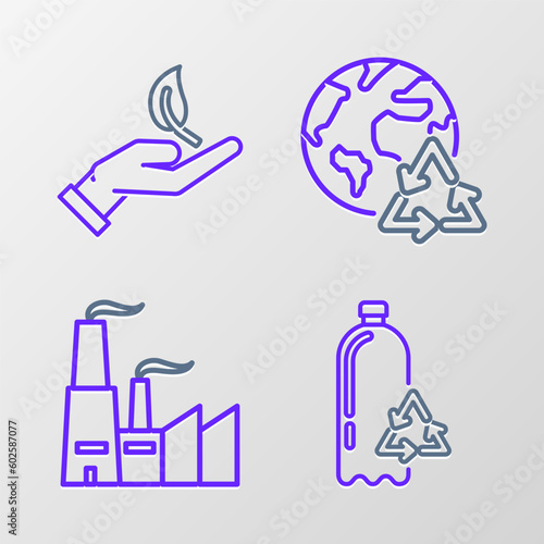 Set line Recycling plastic bottle, Factory, Planet earth and recycling and Sprout hand of environmental protection icon. Vector