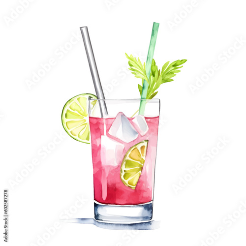 Watercolor summer drink, alcohol cocktail with lemon, ice and mint. Hand drawn isolated summer drink glass on white background. Artistic illustration.