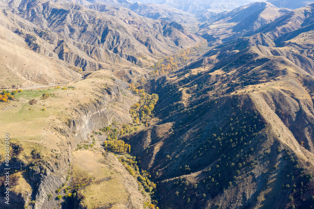 Aerial view of Mili river gorge on sunny autumn day. Khosrov Natural Reserve, Armenia.