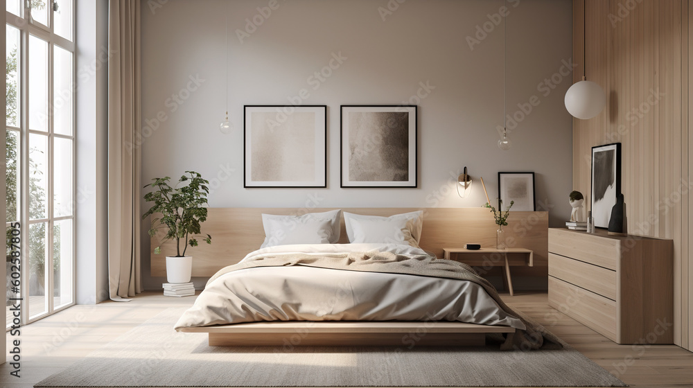 Fototapeta premium Minimalist and modern Bedroom - generative AI, AI generated