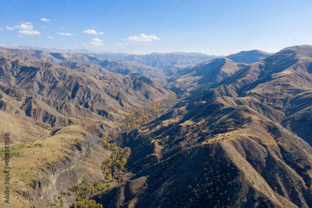 Drone view of Mili river gorge on sunny autumn day. Khosrov Natural Reserve, Armenia.