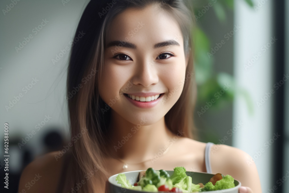 A bowl of healthy salad held by an Asian woman in exercise clothes, promoting good health and wellness at home. generative AI A bowl of healthy salad held by an Asian woman in exercise clothes, promoting good health and wellness at home. generative AI