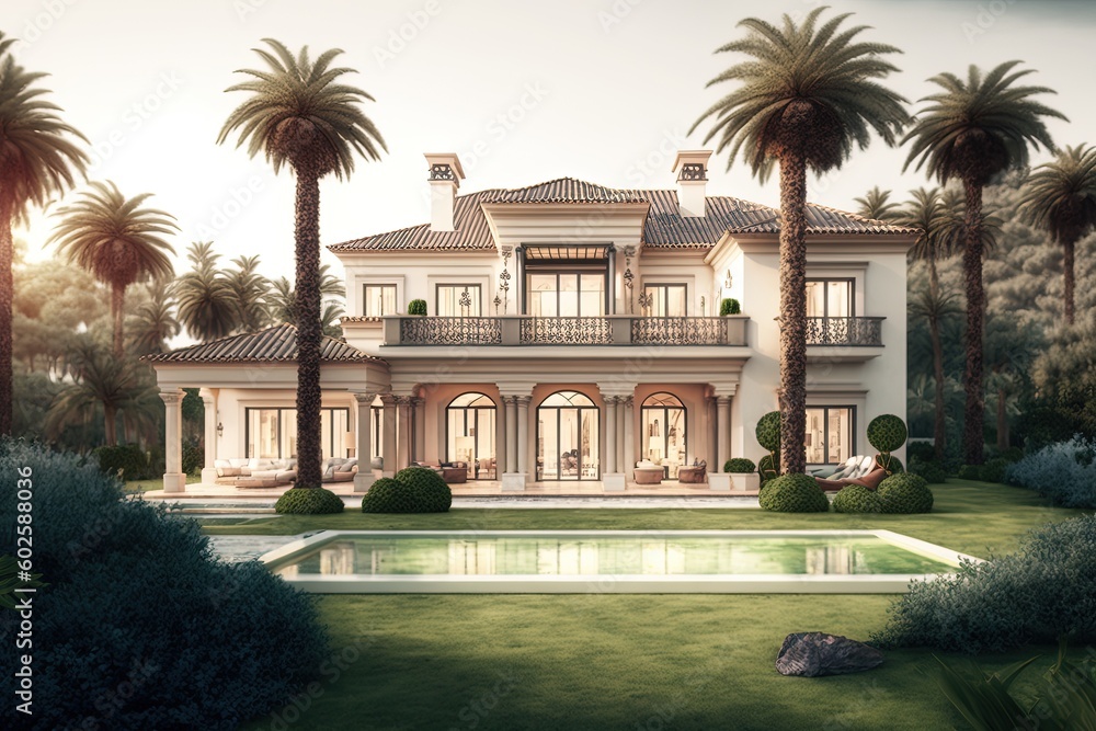 Luxury Villa exterior with green garden and palm trees. Luxury home in Spain.