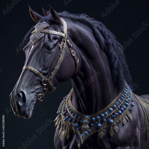 Black Horse Decorated with Jewels. Generative Ai