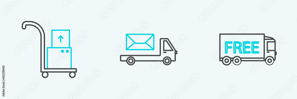 Set line Free delivery service, Hand truck and boxes and Post icon. Vector Set line Free delivery service, Hand truck and boxes and Post icon. Vector