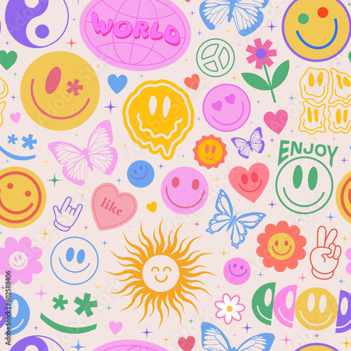 Cool Y2k Seamless Pattern with Smile Stickers. Pop Art Illustration for Print. Trendy Groovy Texture.