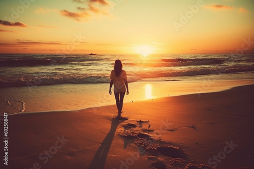 woman walking on beach at sunset in summer. generative ai