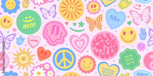 Cool Y2k Seamless Pattern with Smile Stickers. Pop Art Illustration for Print. Trendy Groovy Texture.