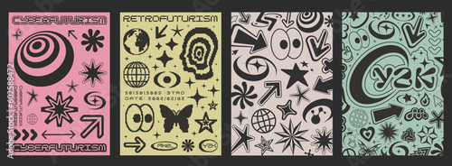 Set Of Cool Y2K Posters Vector Design. Retrofuturism Graphic Elements. Cyberpunk Placards. Abstract Geometric Shapes.