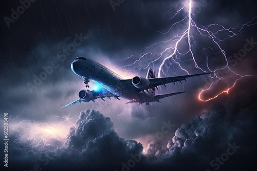 Plane flying during thunderstorm, lightning strikes passenger airplane