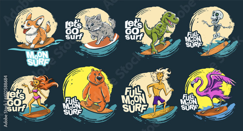 Animals dude night surfer cool summer t-shirt print. Bear, dinosaur, crocodile midnight ride surfboar © Vasileva